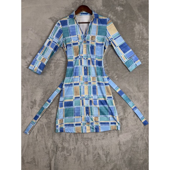 J. McLaughlin Sz XS Brynn Tile Print Jersey Knit Collared V-Neck 3/4 SleeveDress - Picture 1 of 14
